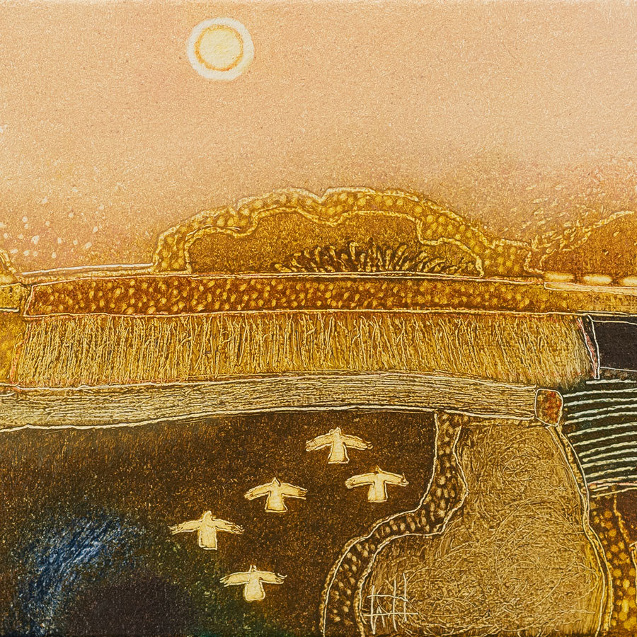 View and buy original artwork online at The Biscuit Factory. 'That Soft Pink', an original painting by Dutch artist Rob Van Hoek at The Biscuit Factory. Image shows a section of an oil painting of an abstract golden landscape in the counrtyside with patterned fields and white birds central in the bottom segment