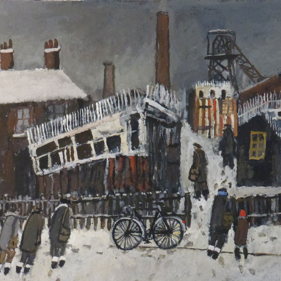 Winter Feeding by Malcolm Teasdale, an original painitng of figures in the snow by industrial buildings | Original art for sale at The Biscuit Factory Newcastle. 
