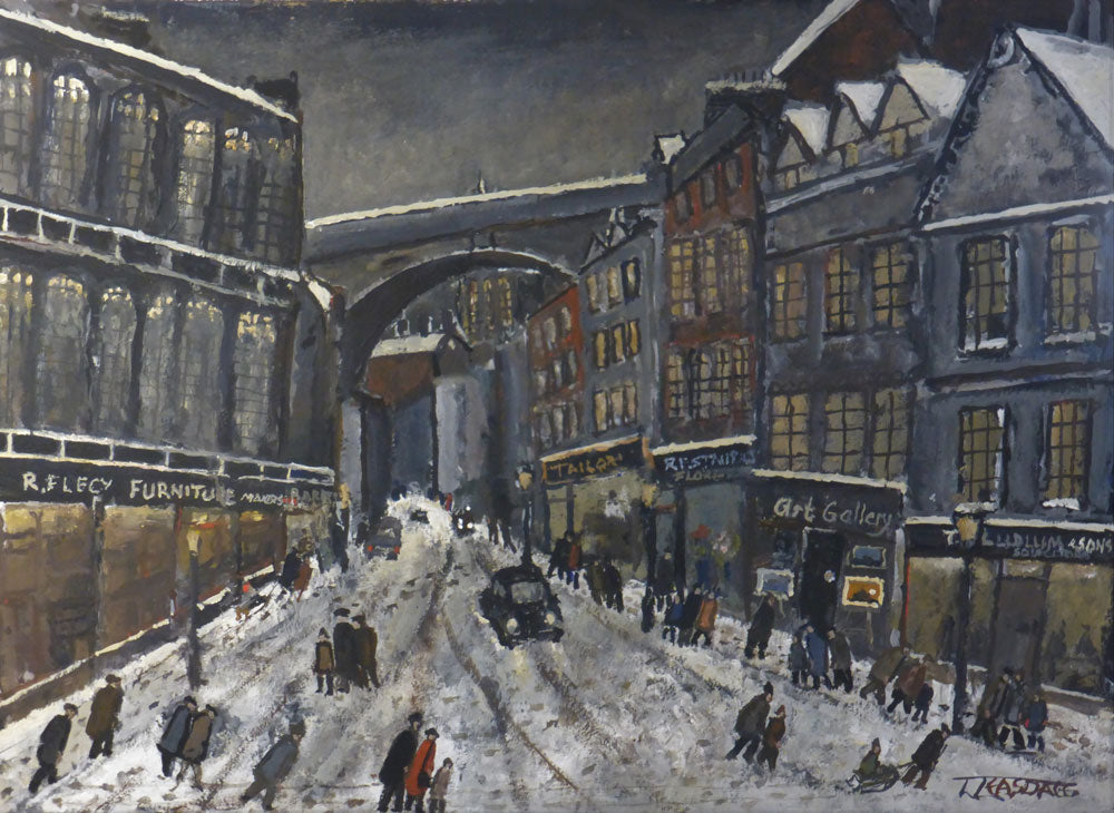 The Side (Newcastle upon Tyne) an original nostalgic painting by Malcolm Teasdale of a street on the Newcastle quayside covered by snow. | Original art for sale at The Biscuit Factory Newcastle.