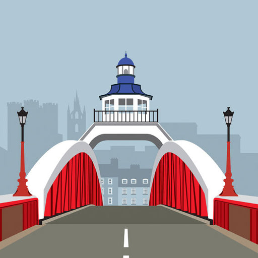 Image shows a giclee print by Ian Mitchell for sale at The Biscuit Factory, depicting The Swing Bridge in Newcastle, in red, white and blue tones.