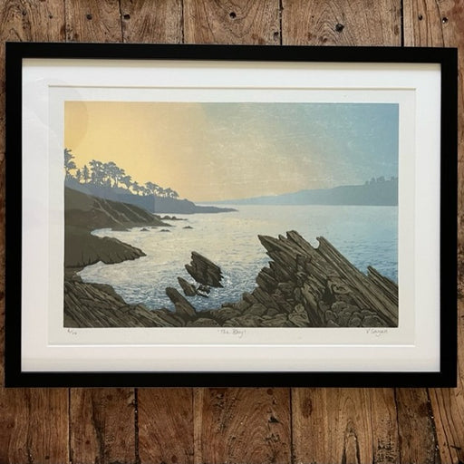 The Bay by Victoria Sayers, a woodcut print of a coastal landsacpe. | Limited edition art prints for sale at The Biscuit Factory Newcastle