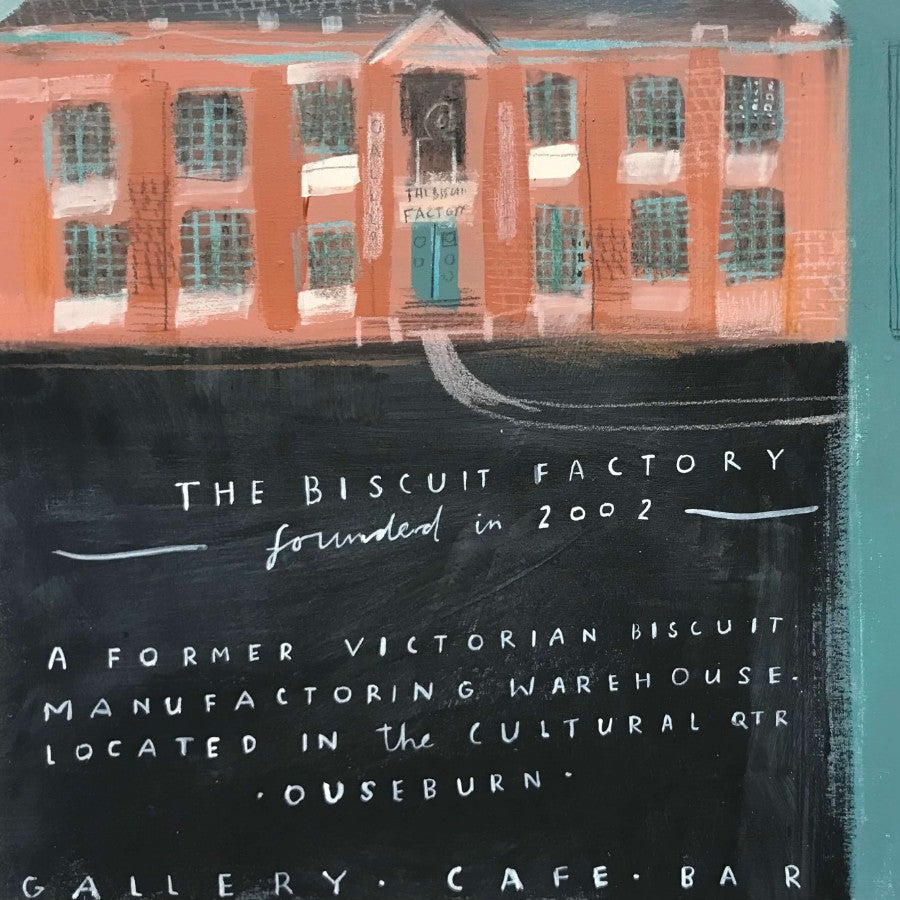 The Biscuit Factory by Janine Burrows, an original painting of The Biscuit Factory art gallery and a book cover. | Original paintings for sale at The Biscuit Factory Newcastle