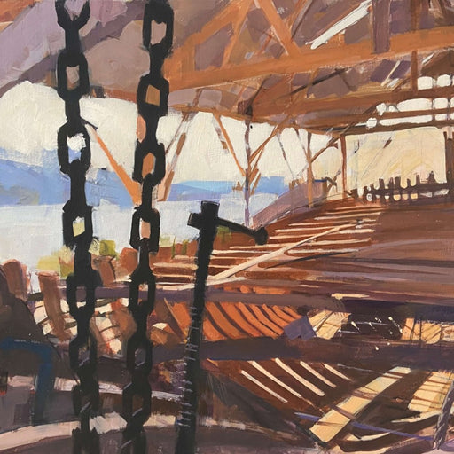The Building of The Pellew II by Richard Sowman, an original painting of a timber structure | Contemporary art for sale at The Biscuit Factory Newcastle