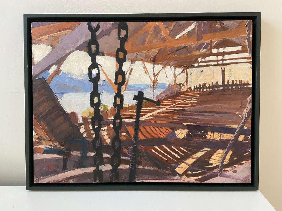 The Building of The Pellew II by Richard Sowman, an original painting of a timber structure | Contemporary art for sale at The Biscuit Factory Newcastle