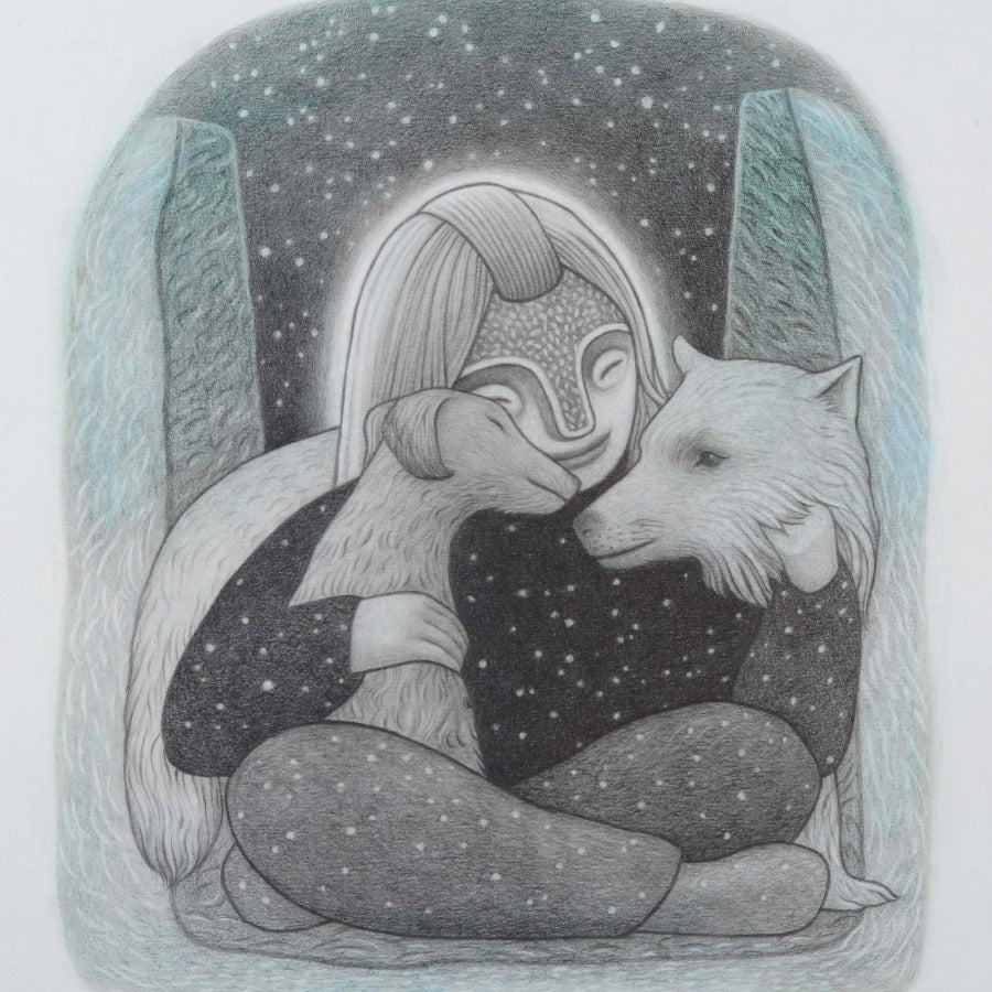 The Moon by Pamela Tait, an original drawing of a figure embracing two dogs. | Contemporary folk art for sale at The Biscuit Factory Newcastle. 