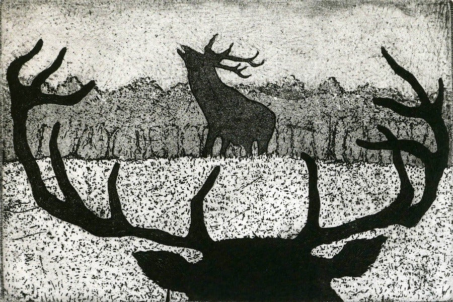 The Rivals by Tim Southall, a limited edition monochrome art print of two stags facing each other.