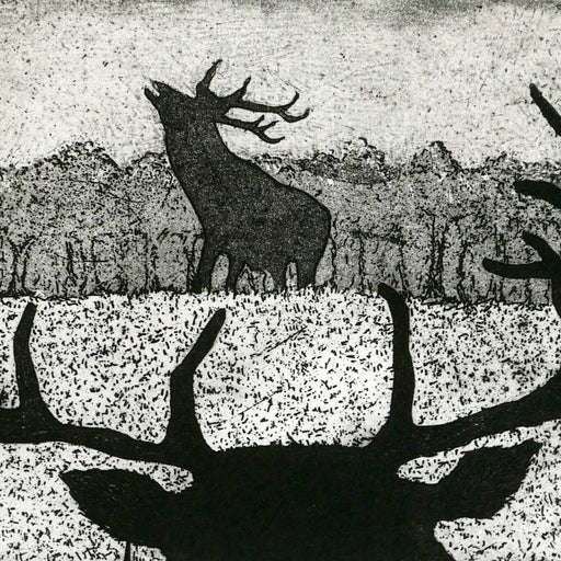 The Rivals by Tim Southall, a limited edition monochrome art print of two stags facing each other.