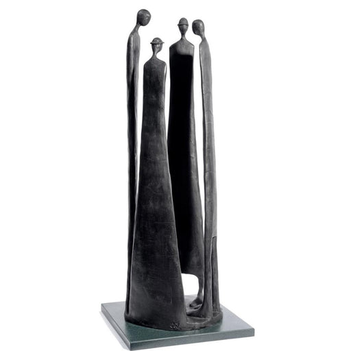 The Secret by Jennifer Watt, a slate resin sculpture of four figures standing in a circle facing each other. | Original sculpture for sale at The Biscuit Factory Newcastle.