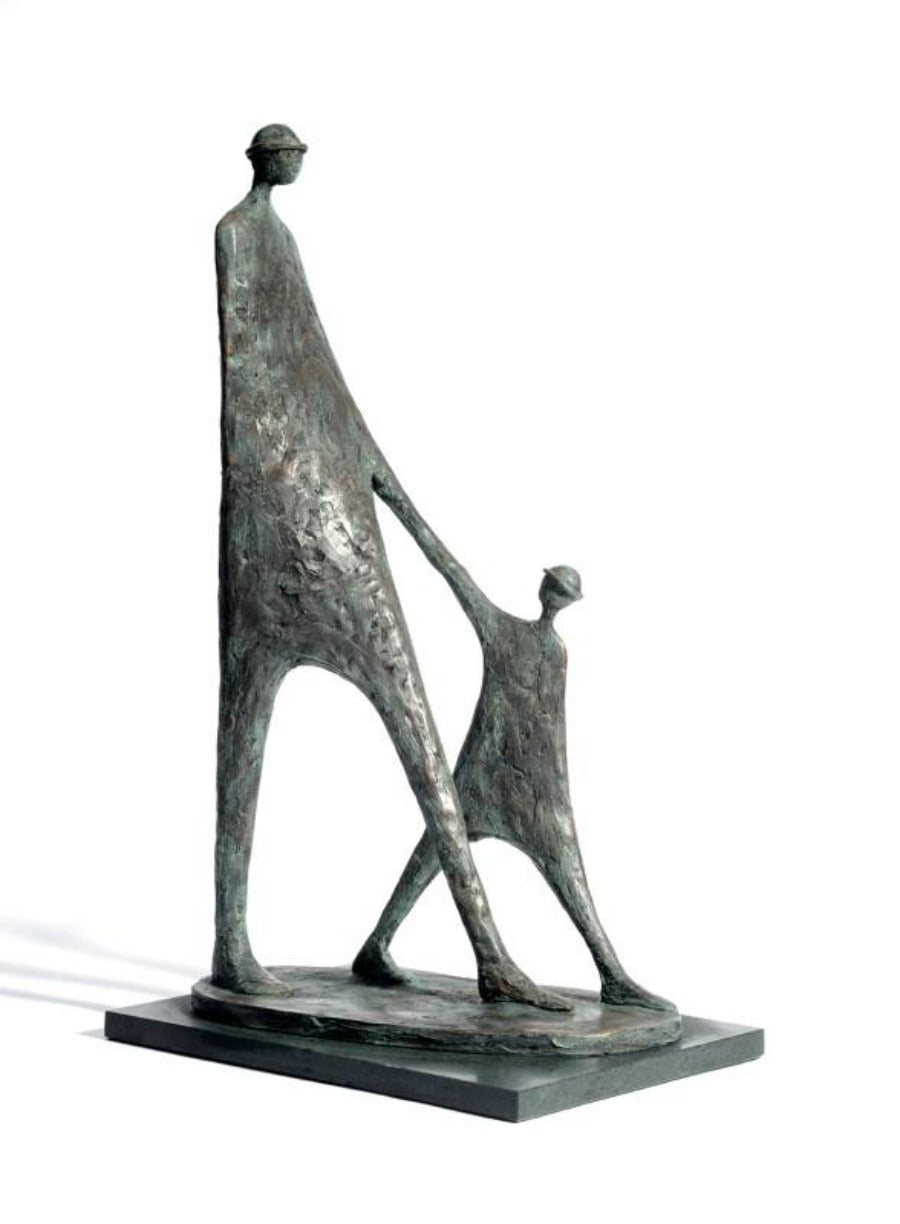 Image shows a bronze resin sculpture of an adult and child walking together by artist Jennifer Watt. Find original art for sale at The Biscuit Factory art gallery in Newcastle