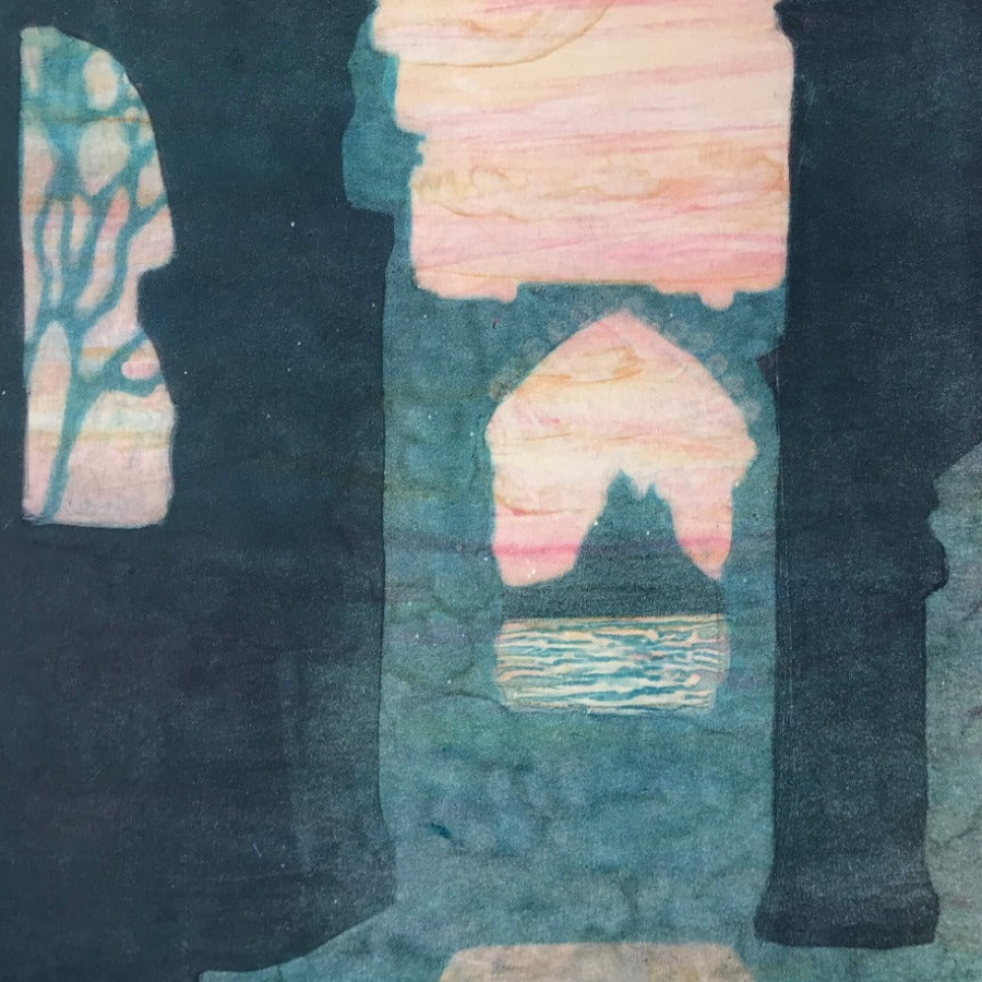 Through The Window by Carol Nunan, a colourful monotype print of castle ruins against a pink sunset. | Original art for sale at The Biscuit Factory Newcastle.
