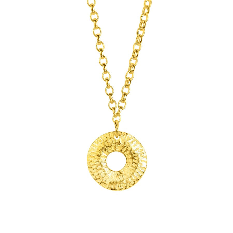 Torus mini pendant by Caitlin Hegney, a handmade round gold pendant on a gold chain. | Contemporary jewellery for sale at The Biscuit Factory Newcastle
