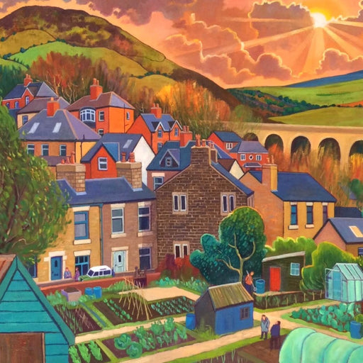 Town Gardens by Chris Cyprus, an oil painting of allotment gardens with a rural town beyond. | Original art for sale at The Biscuit Factory Newcastle