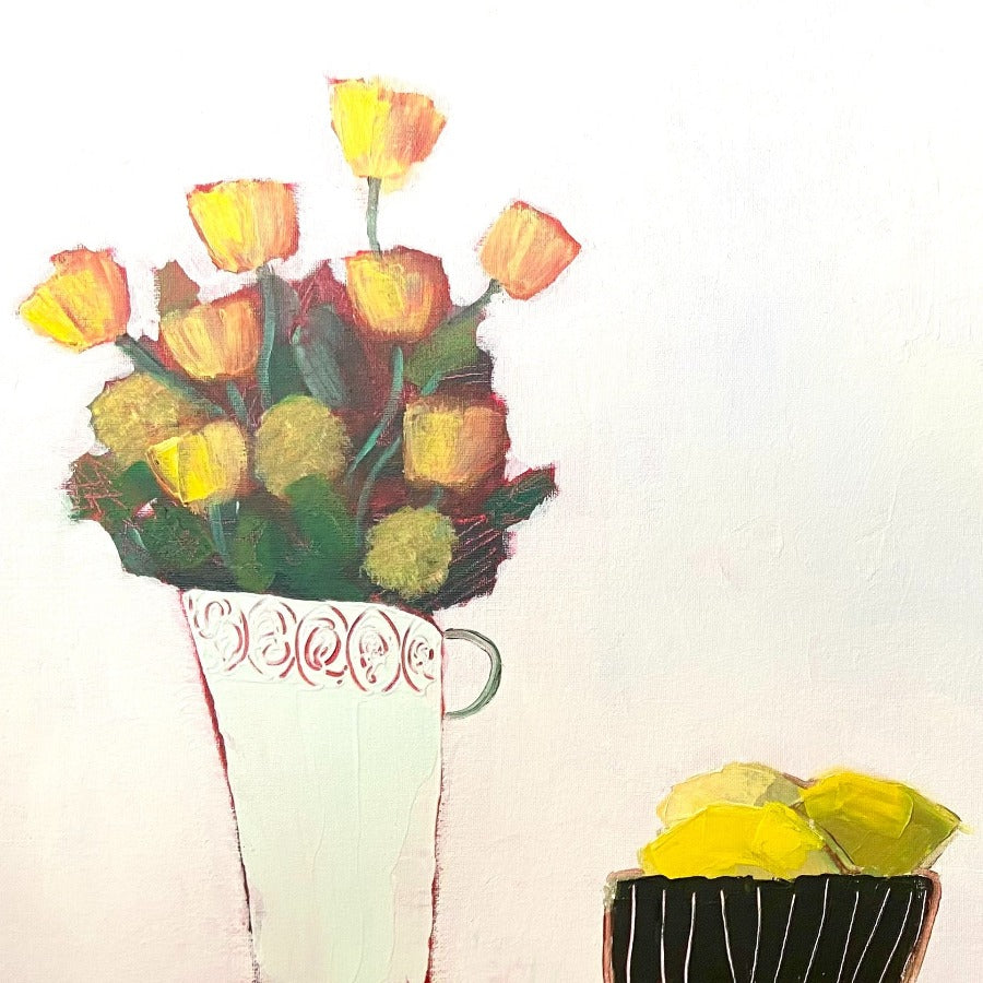 Tulips and Lemons by Fiona Sturrock, an original acrylic painting of a flowers. | Original art for sale at The Biscuit Factory Newcas
