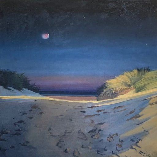 Twilight Blood Moon by Graham Rider, an original painting of a beach under a red moon. | Original landscape art for sale at The Biscuit Factory Newcastle