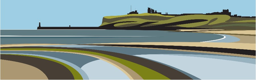 Image shows an art print by Ian Mitchell for sale at The Biscuit Factory, depicting Tynemouth Priory ruins overlooking the North Sea.