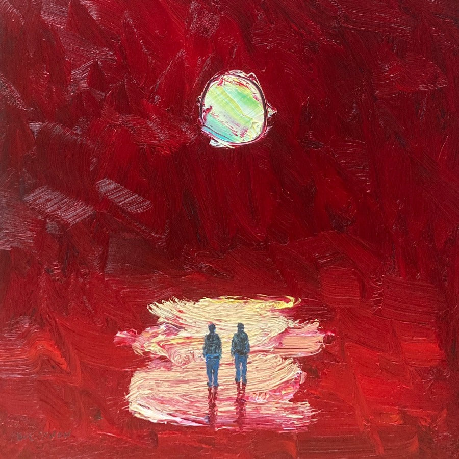 Under The Moon by Stuart Buchanan, an original oil painting of two figures in a red landscape. | Contemporary art for sale at The Biscuit Factory Newcastle