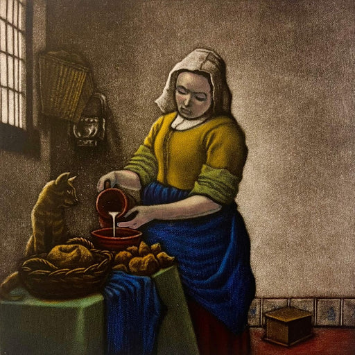 Vermeer's Cat by Mychael Barratt, an art print of a woman with a cat. | Limited edition art prints for sale at The Biscuit Factory Newcastle.