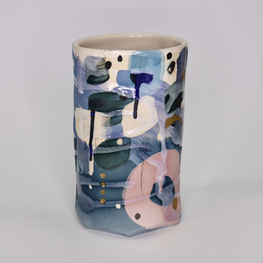 Vessel Teal Pink Blue by Dawn Hajittofi - A tall ceramic bottle with colourful patterns. | Handmade ceramic artwork for sale at The Biscuit Factory Newcastle.