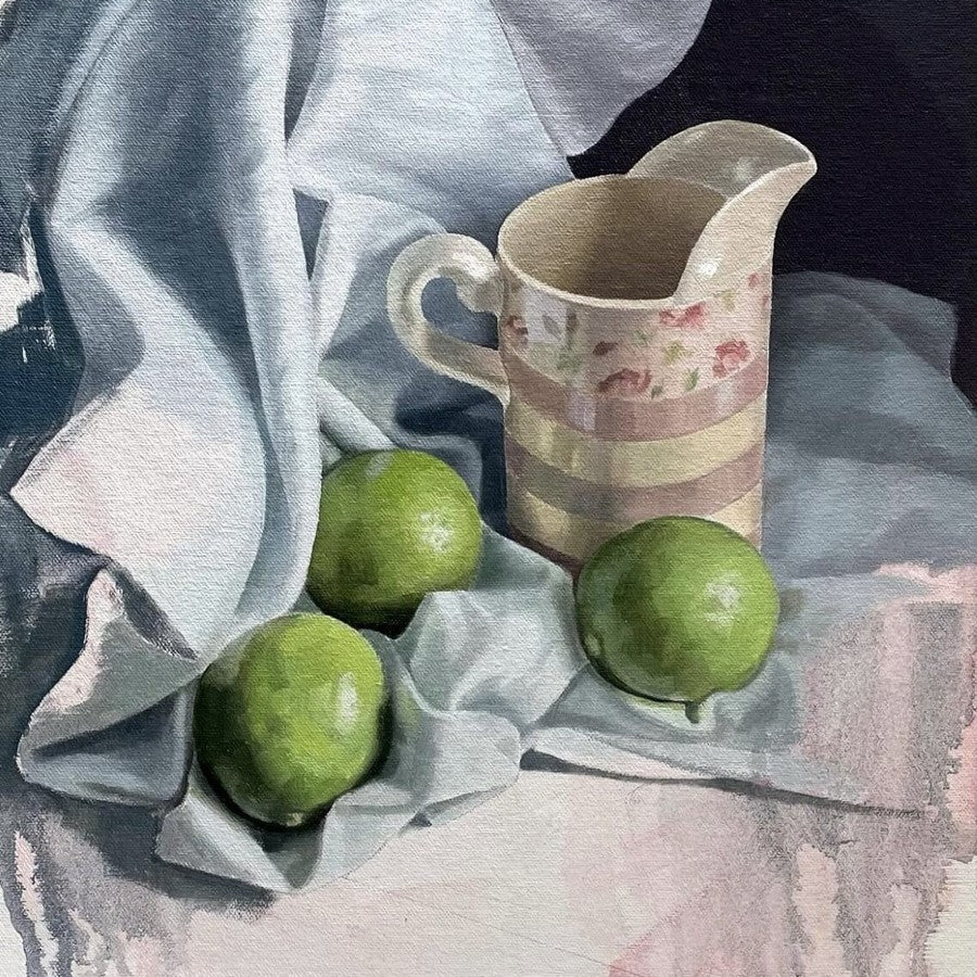 Virginia Graham Jug with Three Limes by Angelo Murphy, an original still life oil painting of a yellow rose in an enamel cup. | Contemporary still life paintings for sale at The Biscuit Factory Newcastle.