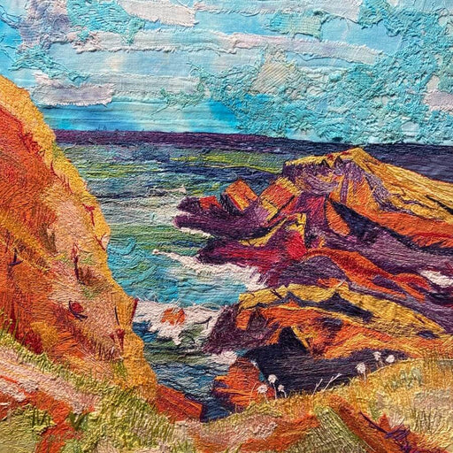 Walking the Coastal Path by Donna Cheshire, a textile embroidery of a coastal landscape. | Original textile art for sale at The Biscuit Factory Newcastle.