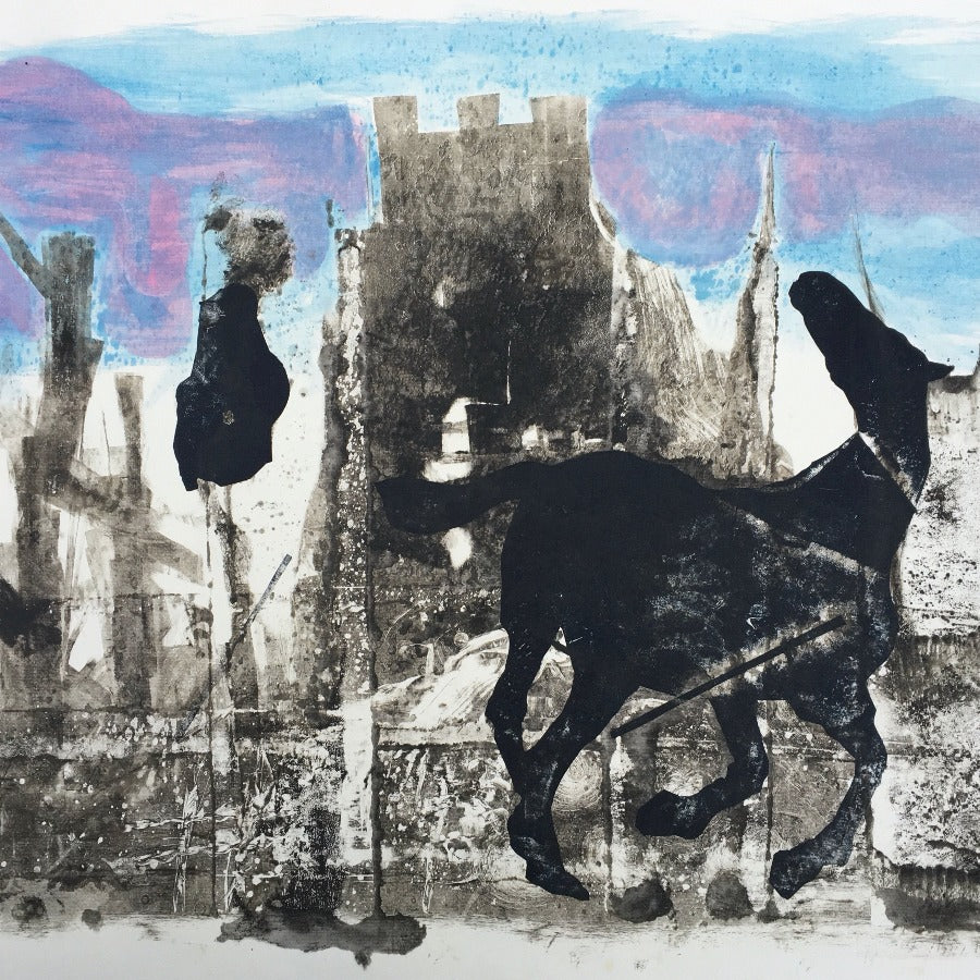 'War Horse' by Mike Moor is an original monoprint depicting a black horse with the outline of a castle battlement behind it. Find this original art print for sale at The Biscuit Factory.