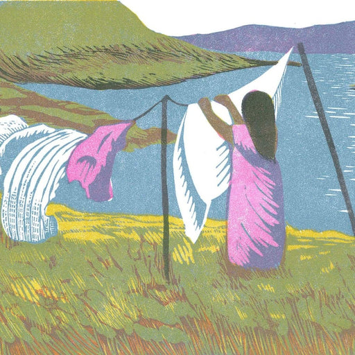 Washing Day by Cat Moore, a limited edition linocut print of a person hanging out laundry by a lakeside. | Handmade original art for sale at The Biscuit Factory Newcastle.