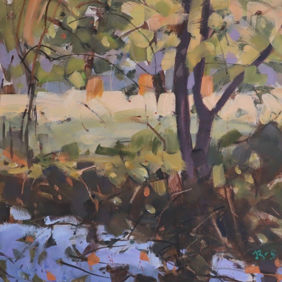 Water Meadow original painting by Richard Sowman for sale at The Biscuit Factory. Image shows an expressive painting of trees and foliage beside a body of water.