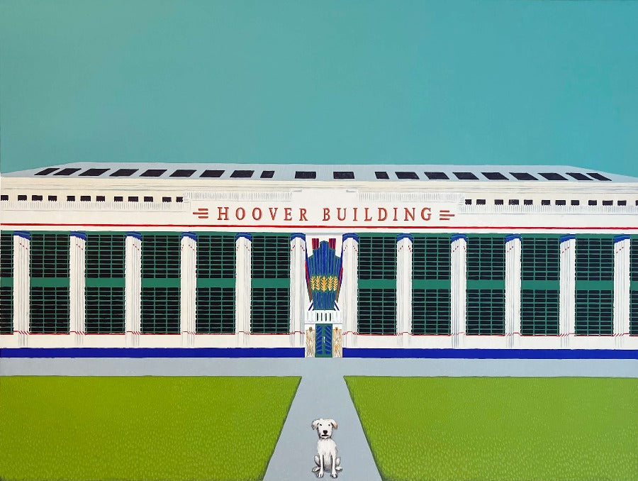 Wes Anderson's Dog - Hoover Building II by Mychael Barratt, an art print of a white dog sitting in front of the Hoover Building. | Limited edition art prints for sale at The Biscuit Factory Newcastle