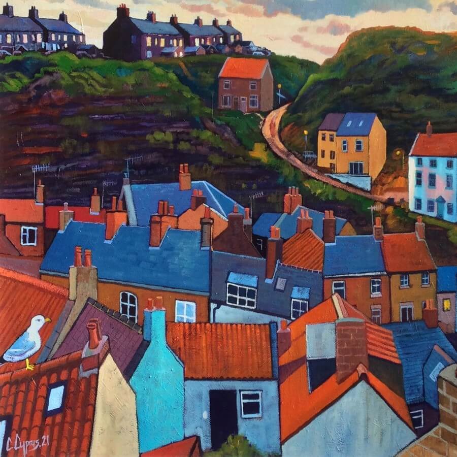 Where Seagulls Dare by Chris Cyprus, an oil painting of house roofs with two seagulls sitting on them. | Original art for sale at The Biscuit Factory Newcastle