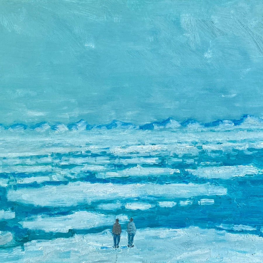 Wilderness by Stuart Buchanan, an original oil painting of two figures in a blue landscape. | Contemporary art for sale at The Biscuit Factory Newcastle
