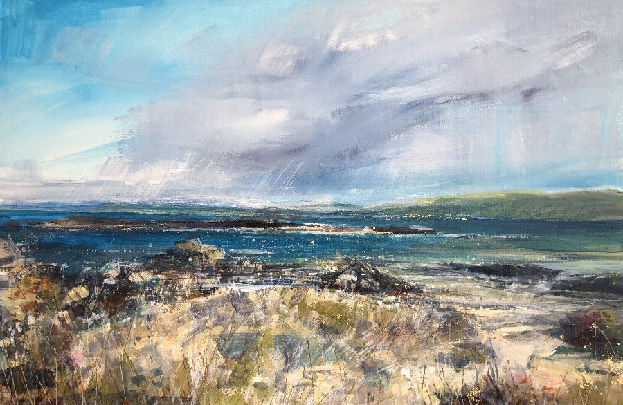Image shows a coastal landscape painting with a rocky shore and land on the horizon. Buy 'Windy Day, North End, Iona' by Sarah Carrington at The Biscuit Factory art gallery in Newcastle.