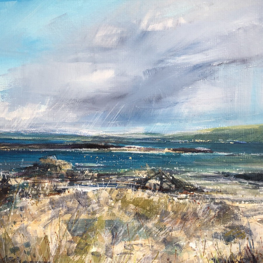 Image shows part of a coastal landscape painting with a rocky shore and land on the horizon. Buy 'Windy Day, North End, Iona' by Sarah Carrington at The Biscuit Factory art gallery in Newcastle.