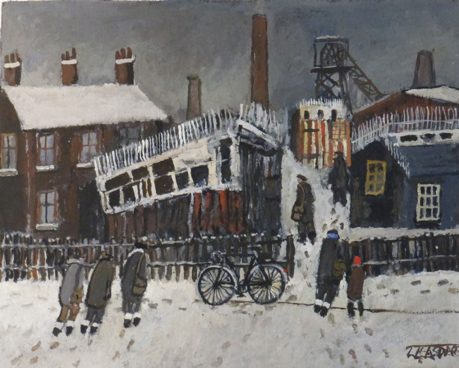 Winter Feeding by Malcolm Teasdale, an original painitng of figures in the snow by industrial buildings | Original art for sale at The Biscuit Factory Newcastle. 