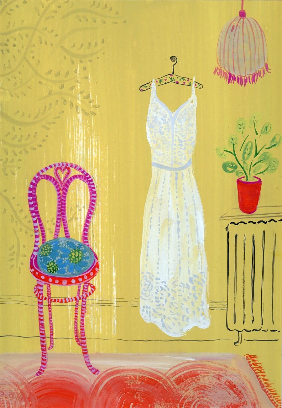 Yellow Room White Dress by Trina Dalziel, a painting of a yellow room with a white dress haging up. | Original art for sale at The Biscuit Factory Newcastle.