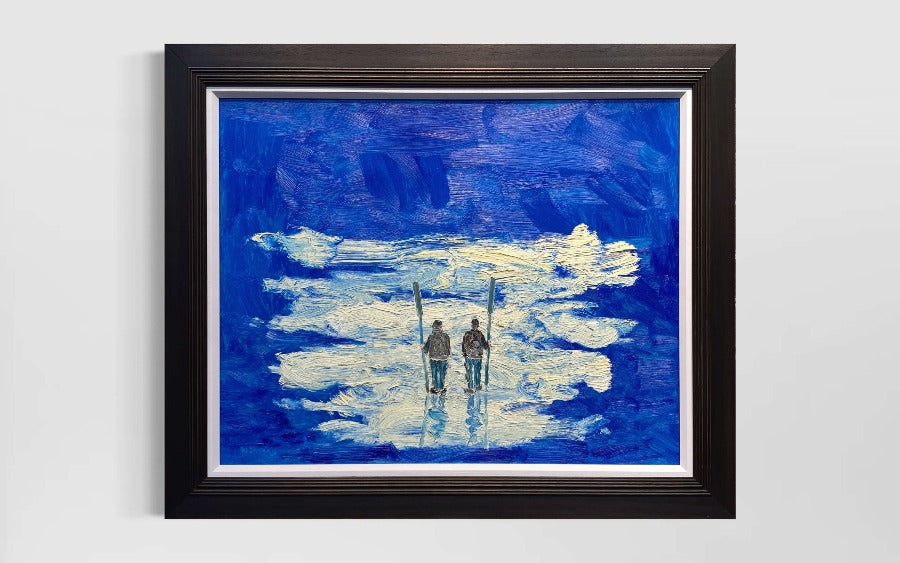 Fishermen's Blues by Stuart Buchanan, an original oil painting of two figures wandering in a blue landscape. | Contemporary art for sale at The Biscuit Factory Newcastle