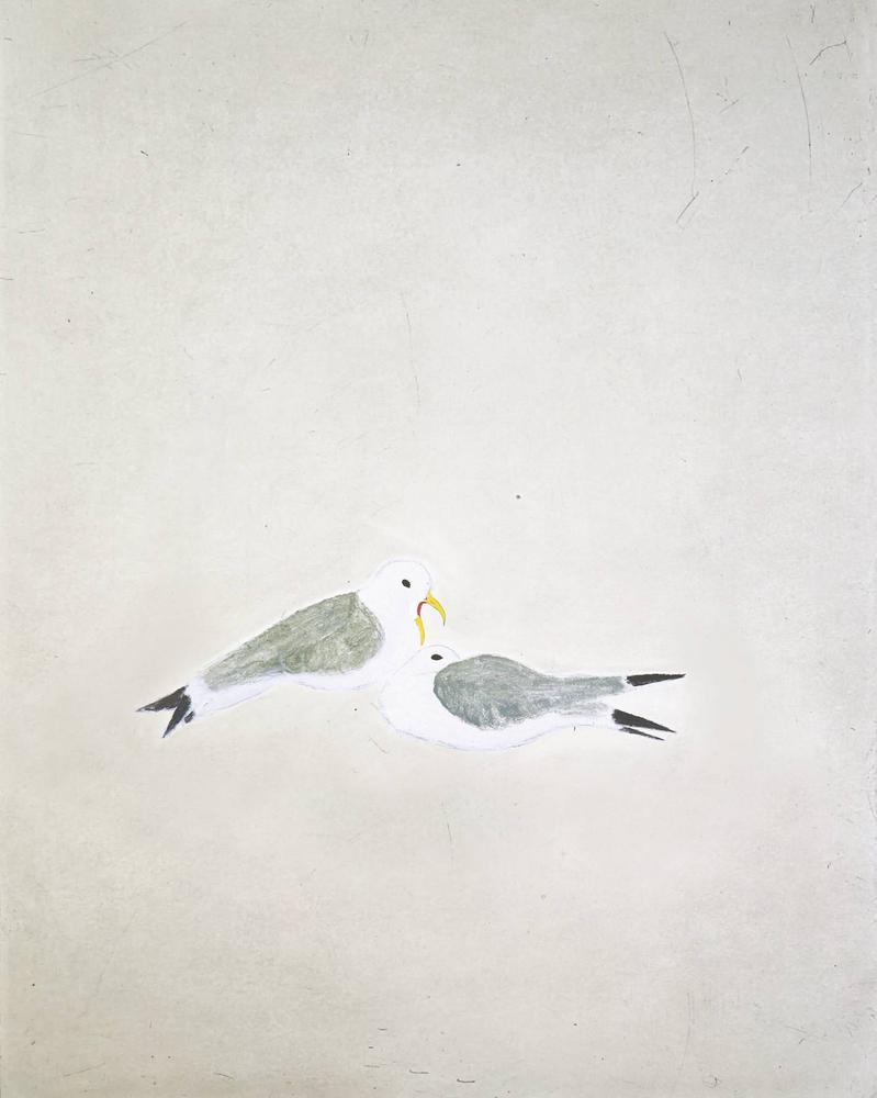 Buy 'Kittiwakes' a large mixed media print by Kate Boxer. Image shows a print of two seagulls huddled together with grey wings, white bodies and yellow beaks on a pale beige background.