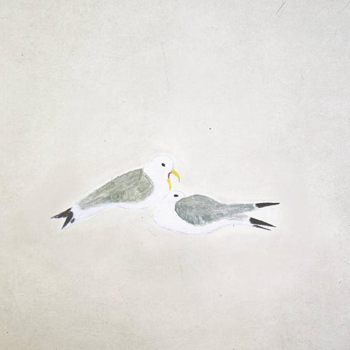 Buy 'Kittiwakes' a large mixed media print by Kate Boxer. Image shows a print of two seagulls huddled together with grey wings, white bodies and yellow beaks on a pale beige background.