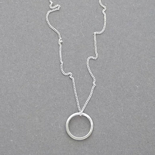 Small Circle silver necklace by Elin Horgan for sale at The Biscuit Factory. Image shows a silver necklace made of a silver hoop on a chain.