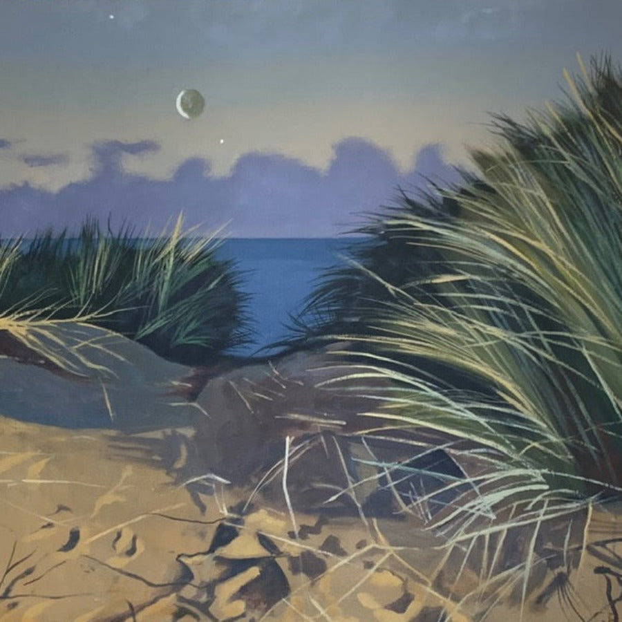 Venus and Jupiter by Graham Rider, an original painting of coastal sand dunes. | Original landscape paintings for sale at The Biscuit Factory Newcastle