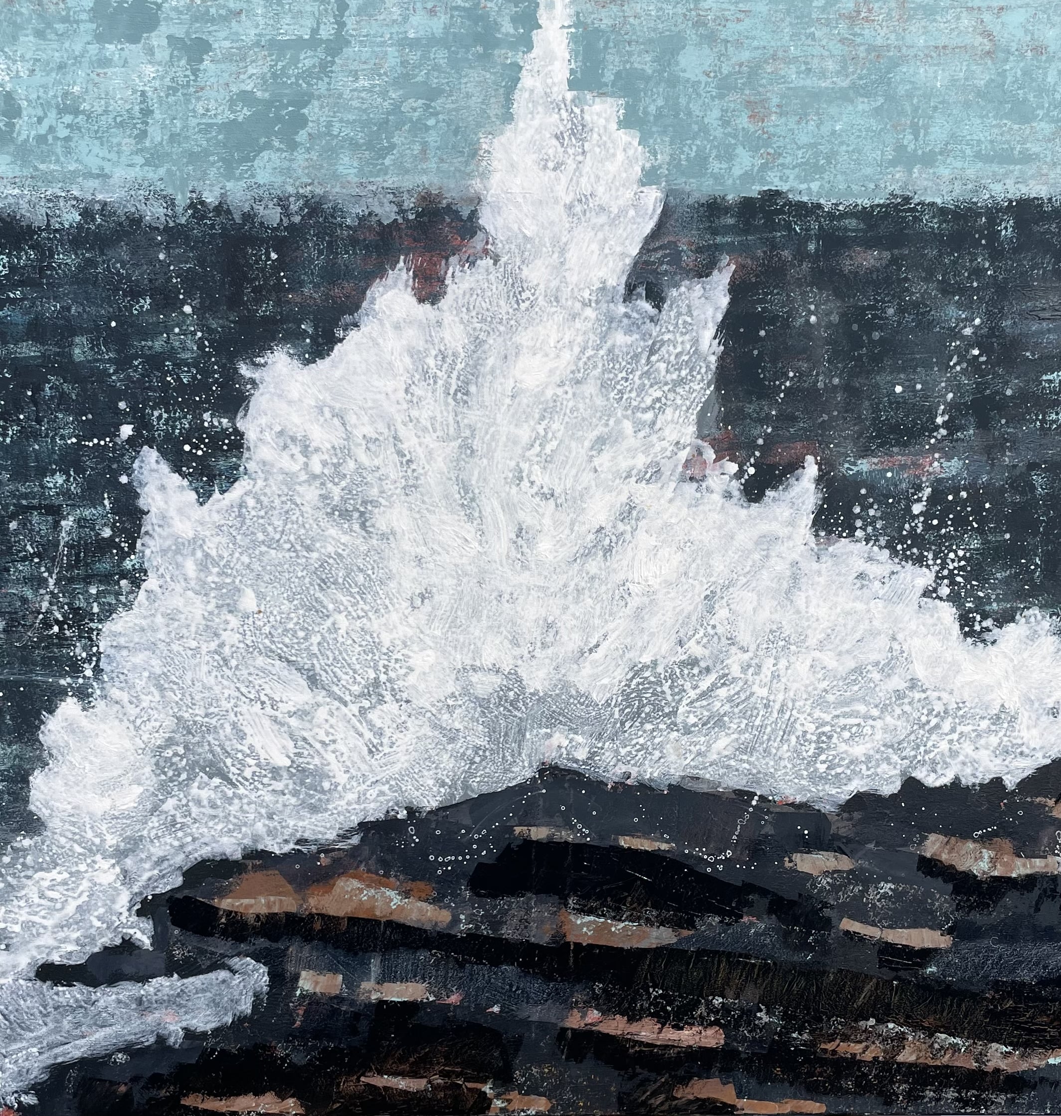 An original painting of a wave crashing on rocks,.